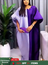 Women Shiny Bubu Kaftan Dresses for Church Color Block African Dresses Purple / One Size