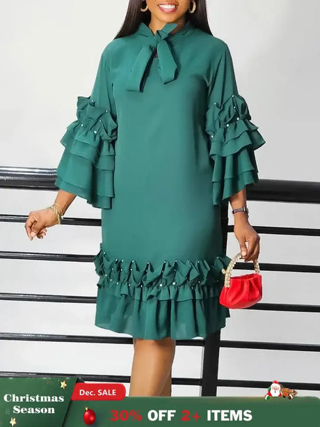 Women Shirt Dress Loose 4 3 Sleeves Pleated Ruffles Bow Collar