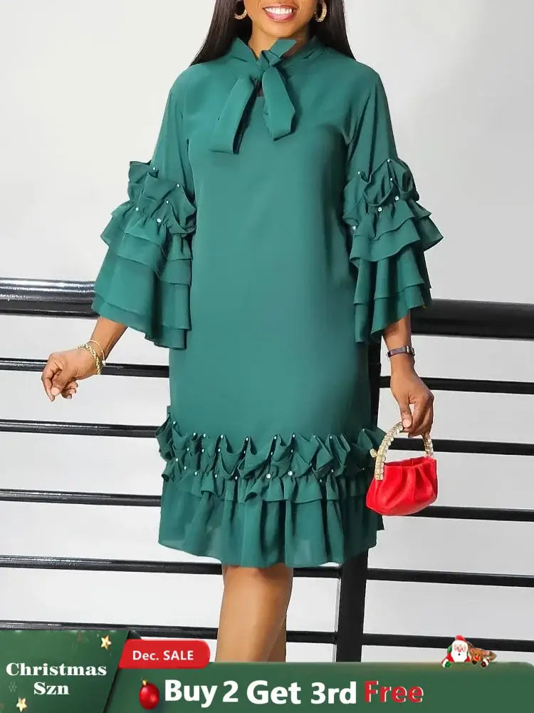 Women Shirt Dress Loose 4 3 Sleeves Pleated Ruffles Bow Collar