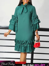 Women Shirt Dress Loose 4 3 Sleeves Pleated Ruffles Bow Collar