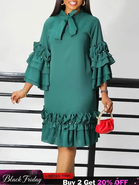 Women Shirt Dress Loose 4 3 Sleeves Pleated Ruffles Bow Collar