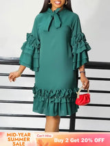 Women Shirt Dress Loose 4 3 Sleeves Pleated Ruffles Bow Collar