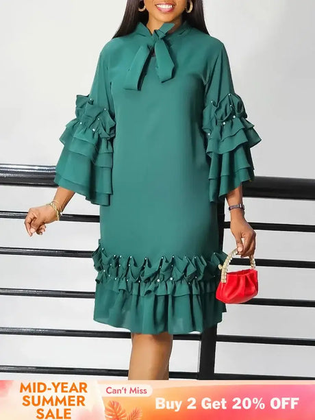 Women Shirt Dress Loose 4 3 Sleeves Pleated Ruffles Bow Collar