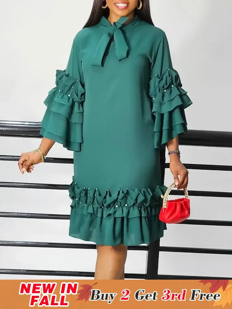 Women Shirt Dress Loose 4 3 Sleeves Pleated Ruffles Bow Collar
