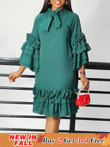 Women Shirt Dress Loose 4 3 Sleeves Pleated Ruffles Bow Collar