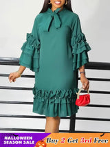 Women Shirt Dress Loose 4 3 Sleeves Pleated Ruffles Bow Collar