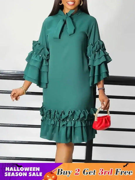 Women Shirt Dress Loose 4 3 Sleeves Pleated Ruffles Bow Collar