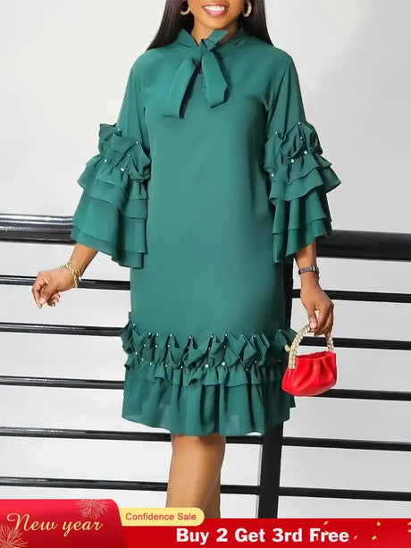 Women Shirt Dress Loose 4 3 Sleeves Pleated Ruffles Bow Collar