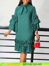 Women Shirt Dress Loose 4 3 Sleeves Pleated Ruffles Bow Collar