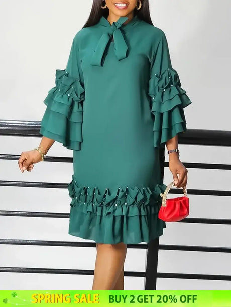 Women Shirt Dress Loose 4 3 Sleeves Pleated Ruffles Bow Collar