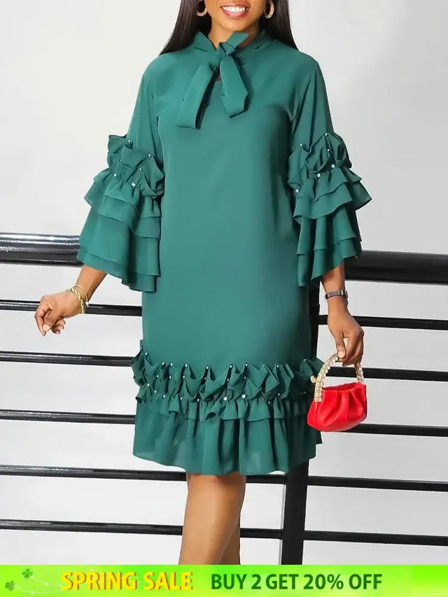 Women Shirt Dress Loose 4 3 Sleeves Pleated Ruffles Bow Collar