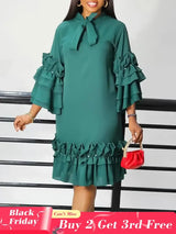 Women Shirt Dress Loose 4 3 Sleeves Pleated Ruffles Bow Collar