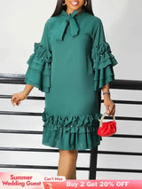 Women Shirt Dress Loose 4 3 Sleeves Pleated Ruffles Bow Collar