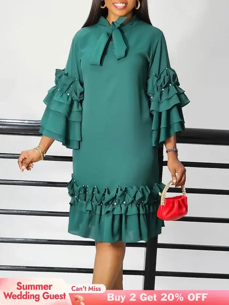 Women Shirt Dress Loose 4 3 Sleeves Pleated Ruffles Bow Collar