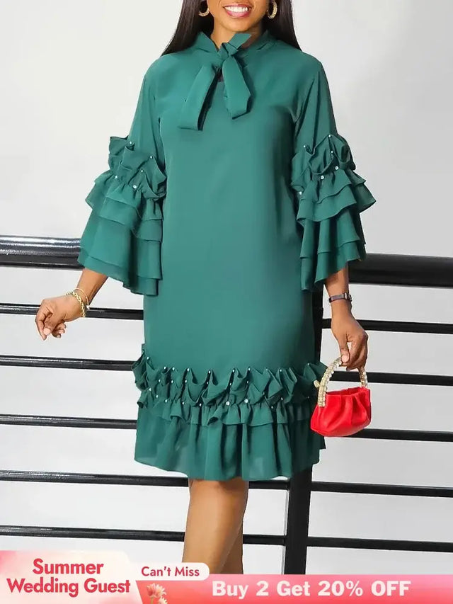 Women Shirt Dress Loose 4 3 Sleeves Pleated Ruffles Bow Collar
