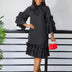 Women Shirt Dress Loose 4 3 Sleeves Pleated Ruffles Bow Collar Black / S