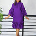 Women Shirt Dress Loose 4 3 Sleeves Pleated Ruffles Bow Collar Purple / S