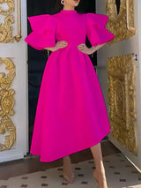 Women Stylish Party Dress A Line High Waist Ruffles Celebrate Rose Red / S