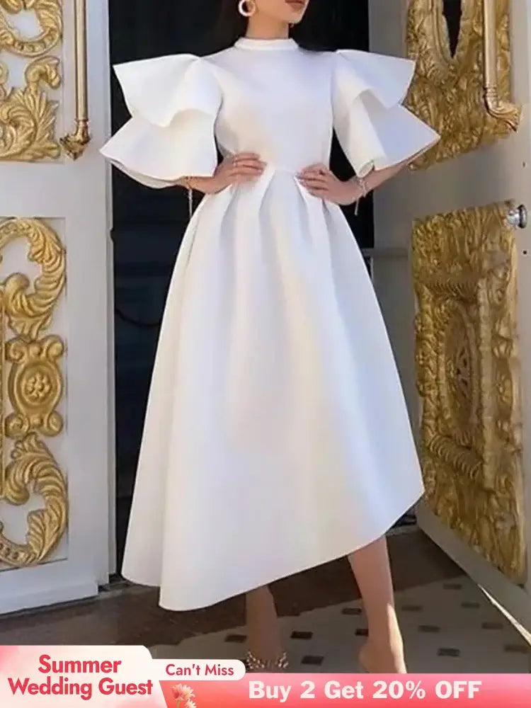 Women Stylish Party Dress A Line High Waist Ruffles Celebrate White / S