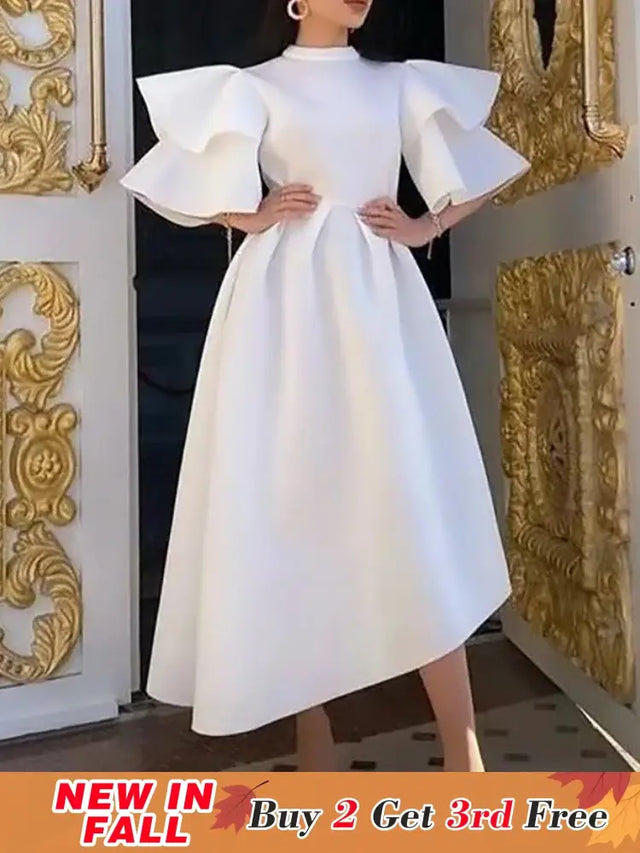 Women Stylish Party Dress A Line High Waist Ruffles Celebrate White / S