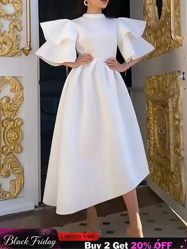 Women Stylish Party Dress A Line High Waist Ruffles Celebrate White / S