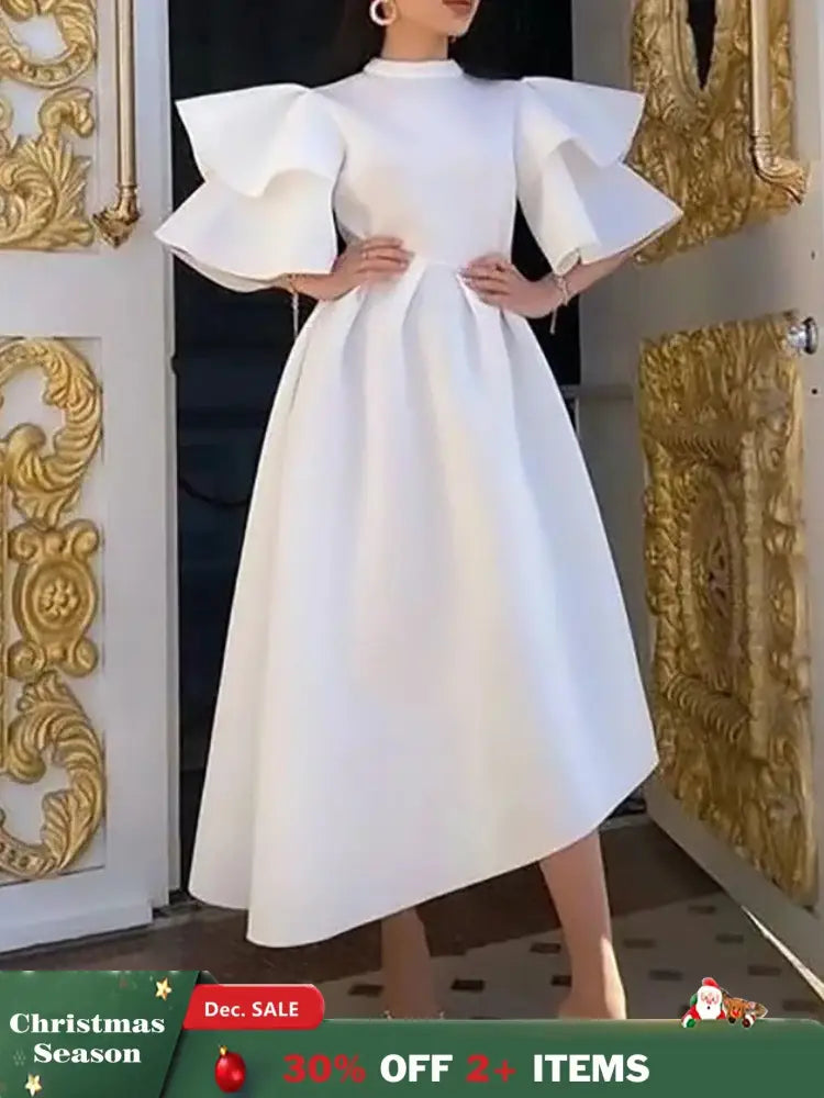 Women Stylish Party Dress A Line High Waist Ruffles Celebrate White / S