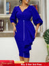 Women Two Pieces Set V Neck Button Up Lantern Sleeves High Waist Skirt Zipper Up Ruffles Blue / S