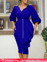 Women Two Pieces Set V Neck Button Up Lantern Sleeves High Waist Skirt Zipper Up Ruffles Blue / S