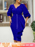 Women Two Pieces Set V Neck Button Up Lantern Sleeves High Waist Skirt Zipper Up Ruffles Blue / S