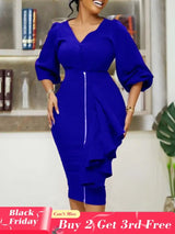 Women Two Pieces Set V Neck Button Up Lantern Sleeves High Waist Skirt Zipper Up Ruffles Blue / S