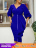 Women Two Pieces Set V Neck Button Up Lantern Sleeves High Waist Skirt Zipper Up Ruffles Blue / S
