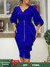 Women Two Pieces Set V Neck Button Up Lantern Sleeves High Waist Skirt Zipper Up Ruffles Blue / S