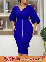 Women Two Pieces Set V Neck Button Up Lantern Sleeves High Waist Skirt Zipper Up Ruffles Blue / S