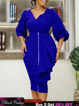 Women Two Pieces Set V Neck Button Up Lantern Sleeves High Waist Skirt Zipper Up Ruffles Blue / S