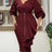 Women Two Pieces Set V Neck Button Up Lantern Sleeves High Waist Skirt Zipper Up Ruffles Claret / S