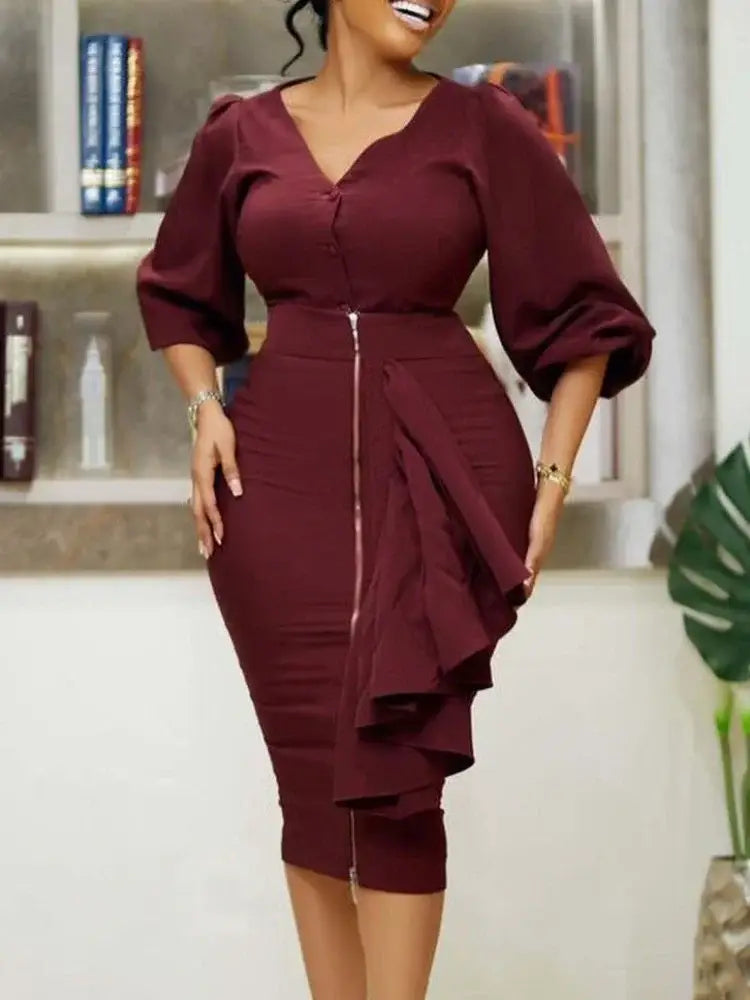 Women Two Pieces Set V Neck Button Up Lantern Sleeves High Waist Skirt Zipper Up Ruffles Claret / S