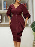 Women Two Pieces Set V Neck Button Up Lantern Sleeves High Waist Skirt Zipper Up Ruffles Claret / S