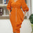 Women Two Pieces Set V Neck Button Up Lantern Sleeves High Waist Skirt Zipper Up Ruffles Oranage / S