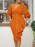 Women Two Pieces Set V Neck Button Up Lantern Sleeves High Waist Skirt Zipper Up Ruffles Oranage / S