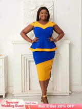 Women V Neck Color Block High Waist Peplum Dresses