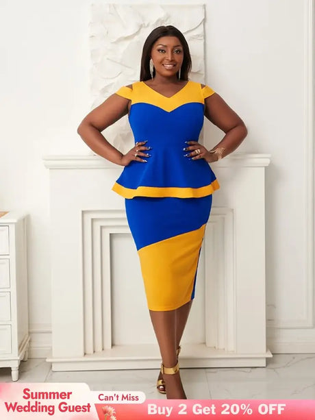 Women V Neck Color Block High Waist Peplum Dresses