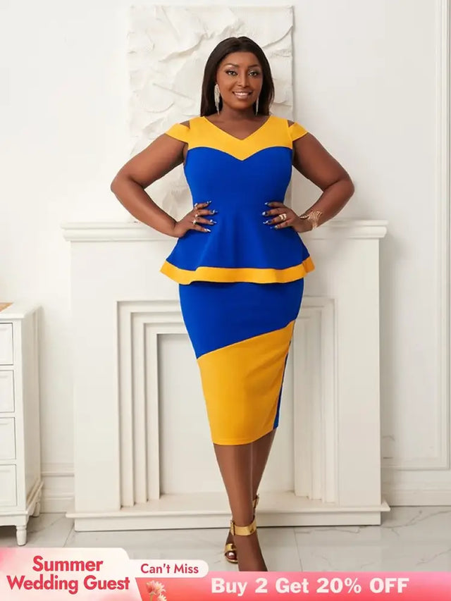 Women V Neck Color Block High Waist Peplum Dresses