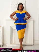 Women V Neck Color Block High Waist Peplum Dresses