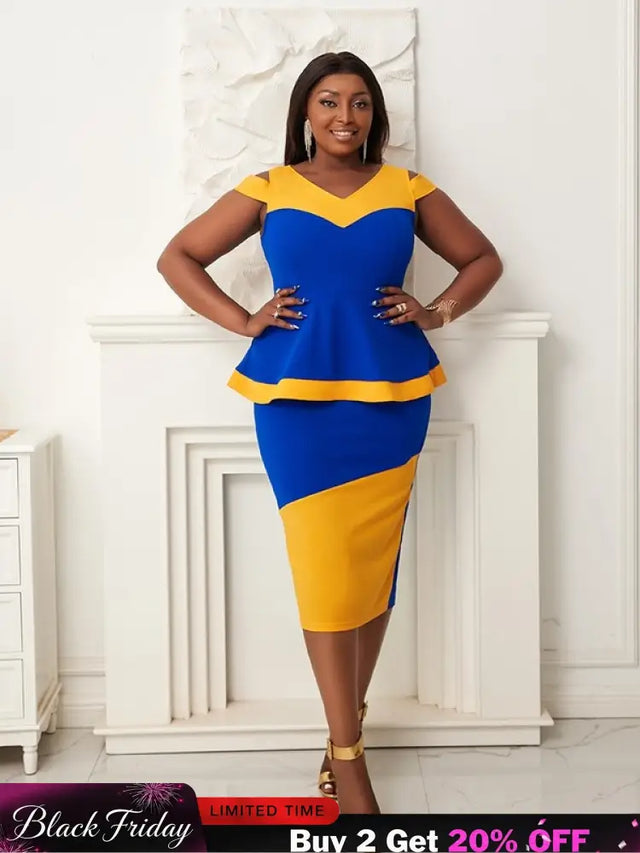 Women V Neck Color Block High Waist Peplum Dresses