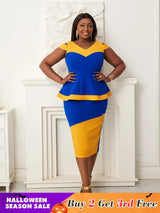 Women V Neck Color Block High Waist Peplum Dresses