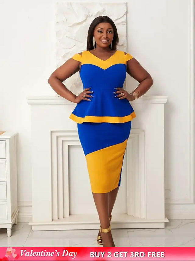 Women V Neck Color Block High Waist Peplum Dresses