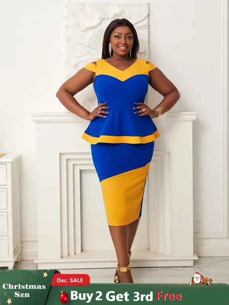 Women V Neck Color Block High Waist Peplum Dresses