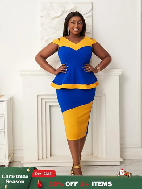 Women V Neck Color Block High Waist Peplum Dresses