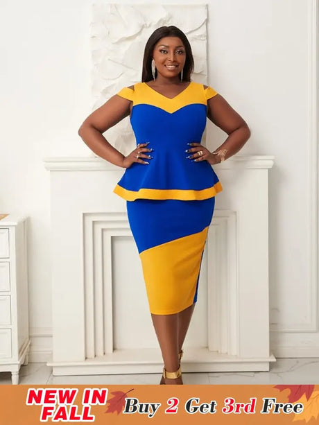 Women V Neck Color Block High Waist Peplum Dresses