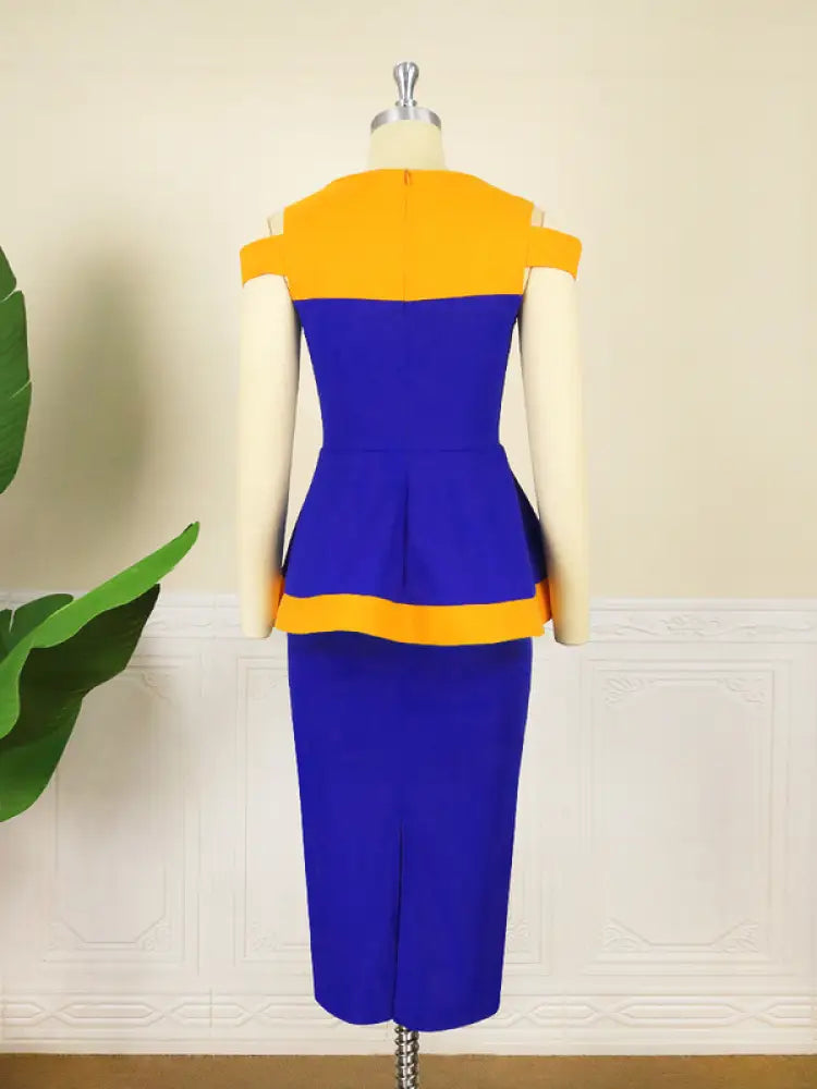 Women V Neck Color Block High Waist Peplum Dresses